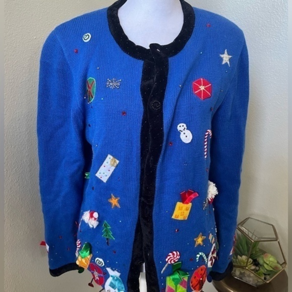 Berek Blue Christmas Sweater Embellished Sequins, Rhinestones and Beads